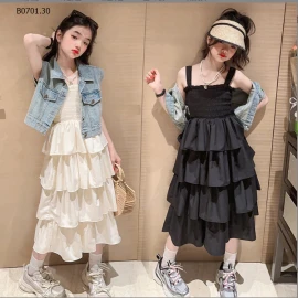 SET VÁY 2S BÈO TẦNG MIX GILE JEANS CAO CẤP - Sỉ giá váy: 185k      Giá gile: 178k