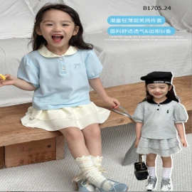 SET ÁO CỔ SEN MIX CHÂN VÁY XẾP LY BÉ GÁI-sỉ 179k/set 