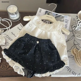 SET QUẦN SOOC JEAN CHẤM BI PHỐI ÁO -sỉ giá áo : 139k giá quần 142k