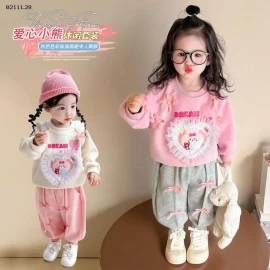 Bộ quần áo nỉ  hình gấu hình trái tim cho bé gái 2025-sỉ 245k