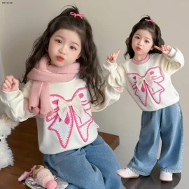 Áo nỉ lông cừu nơ đôi cho bé gáii 2025-sỉ 195k