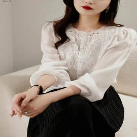 Áo sơ mi dài tay cổ tròn thêu phong cách Pháp thanh lịch 2025- sỉ giá 198k