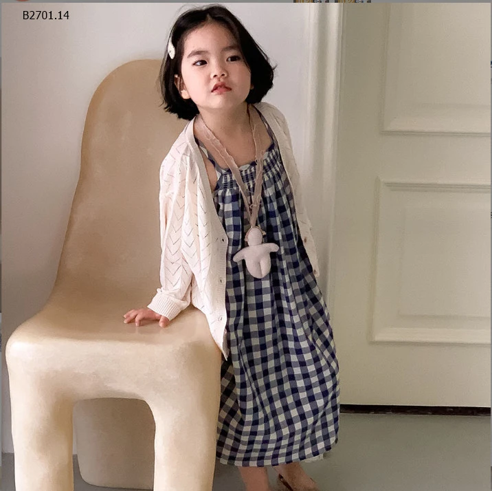 ÁO KHOÁC CARDIGAN MIX VÁY 2 DÂY KẺ CHO BÉ GÁI -sỉ   Váy 138k/chiếc            Áo 165k/chiếc