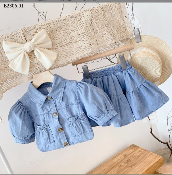 SET ÁO TAY PHỒNG MIX CHÂN VÁY DENIM BÉ GÁI -sỉ 152k