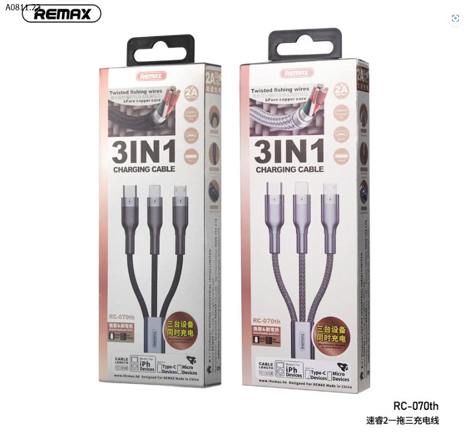 CÁP SẠC 3 CHÂN REMAX- sỉ 119k/set 2c mix màu