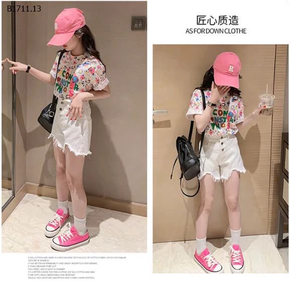 ÁO THUN HOA MIX SHORT JEAN TRẮNG TUA RUA-sỉ Áo : 117k          Quần : 117k           Set : 195k