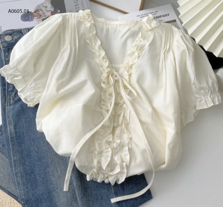 ÁO SƠ MI NGẮN TAY THẮT NƠ VIỀN BÈO CHO NỮ-sỉ 163k