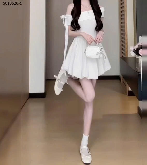 Váy bí ngắn trễ vai một bên vai phong cách Hepburn cho nữ - 410,000