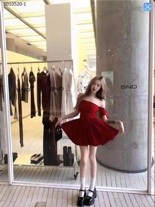 Váy bí ngắn trễ vai một bên vai phong cách Hepburn cho nữ - 410,000