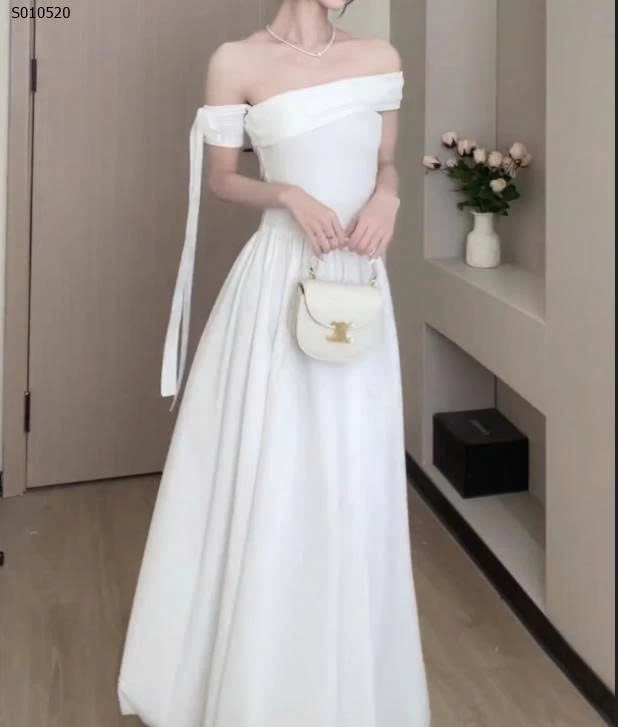 Váy bí dài trễ vai một bên vai phong cách Hepburn cho nữ - 440,000