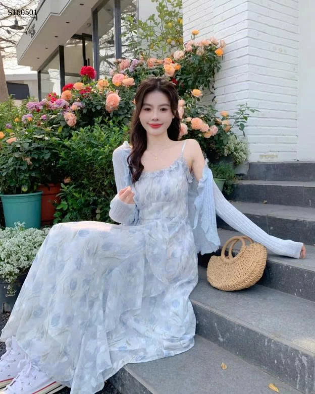 Set váy hoa cadigan xanh- 599,000