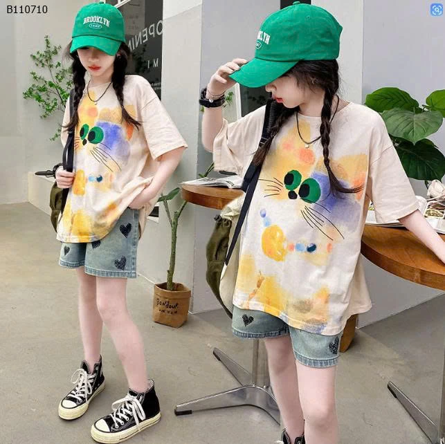 ÁO THUN MÈO LONG MIX SHORT TRÁI TYM-Sỉ giá áo: 133k  quần: 136k 