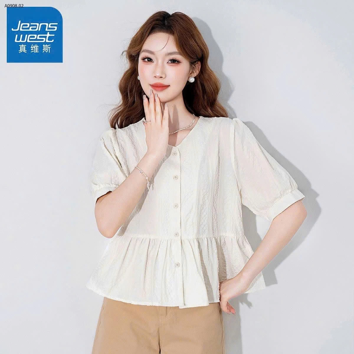 ÁO SƠ MI CỔ V TAY BỒNG JEANSWEST-Sỉ giá 308k