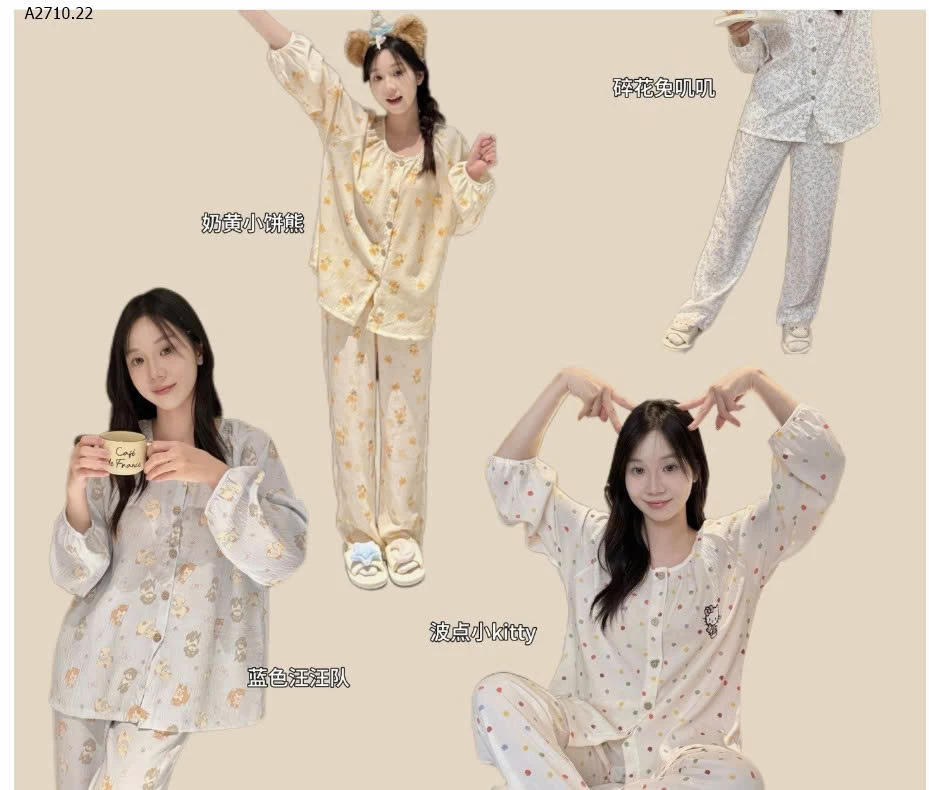 BỘ NGỦ COTTON NHĂN HỌA TIẾT DÀI TAY CHO NỮ - sỉ 168k