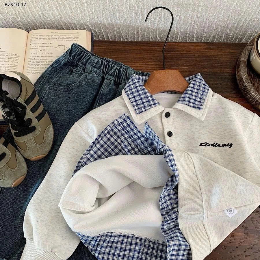 Áo nỉ sơ mi POLO cho bé  2025 giả hai mảnh cổ kép - sỉ 165k