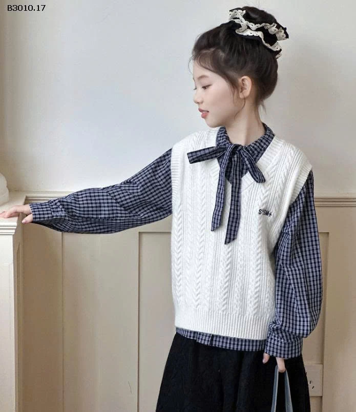 SET VÁY SƠ MI KẺ MIX ÁO GILE BG-Giá sỉ 299k