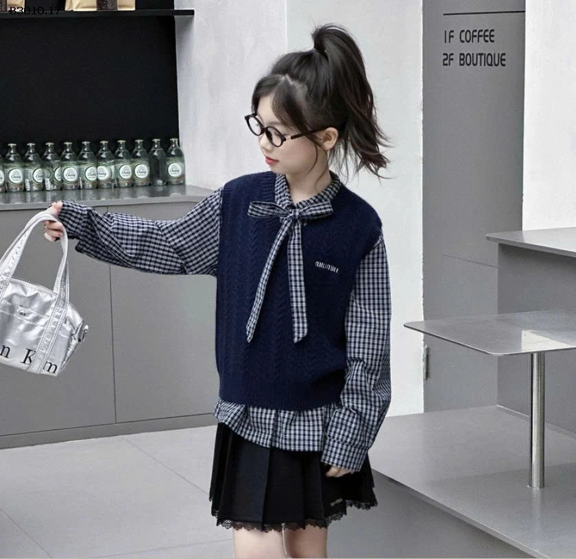 SET VÁY SƠ MI KẺ MIX ÁO GILE BG-Giá sỉ 299k