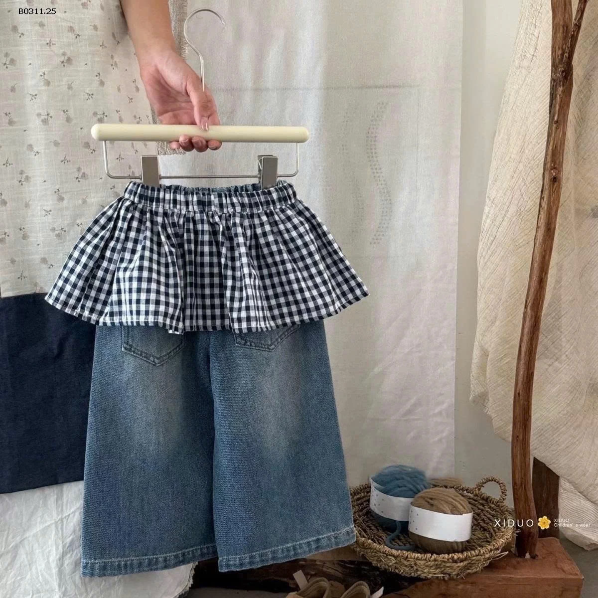 QUẦN JEANS PHỐI VÁY KẺ CARO- sỉ 155k