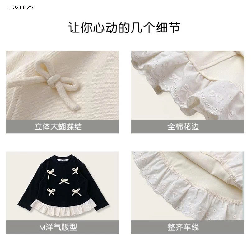 ÁO THUN NƠ DÀI TAY PHỐI BÈO REN -Giá sỉ 145k