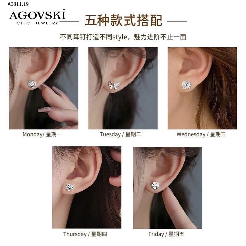SET 5 ĐÔI KHUYÊN TAI BẠC S999 AGOVSKI  - sỉ 170k/set 5đôi