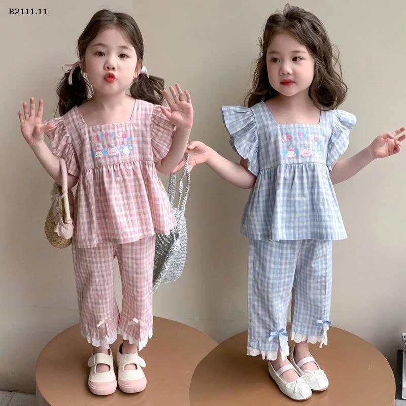 Bộ đồ họa tiết kẻ caro tay bồng cho bé gái-sỉ 224k