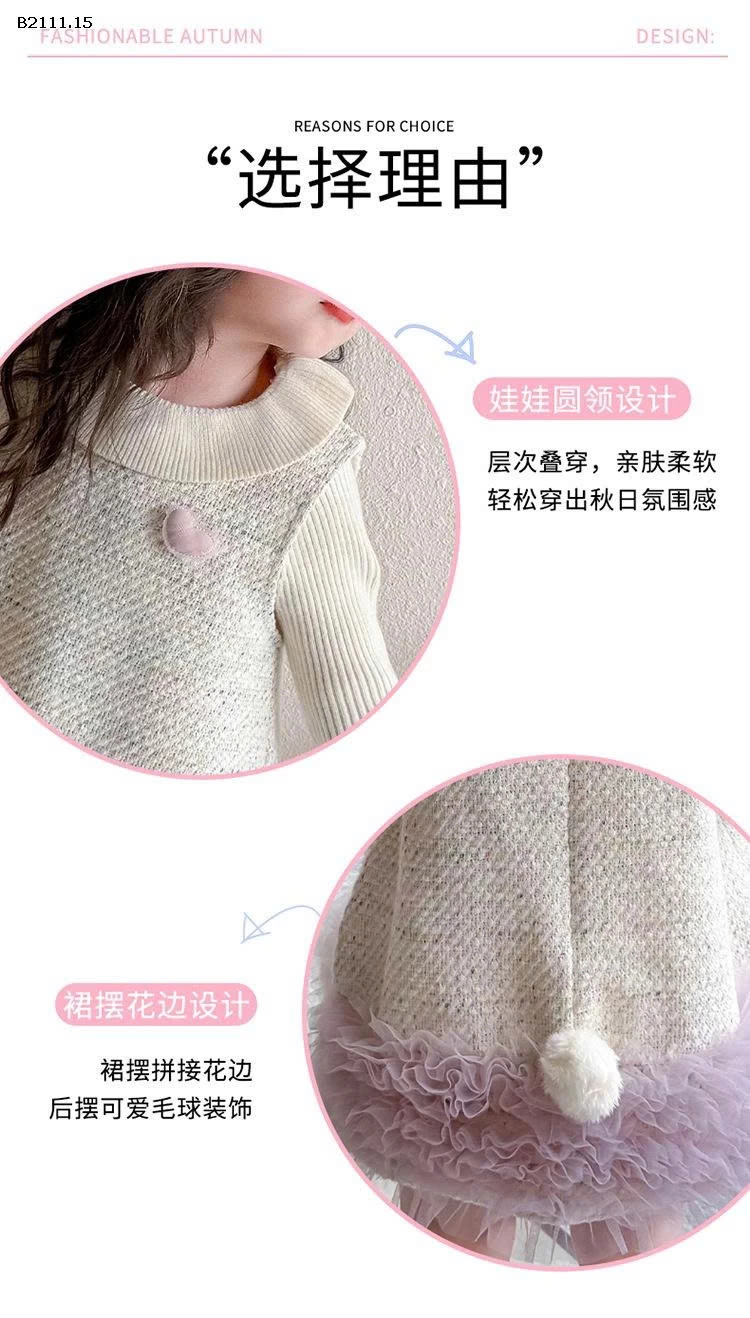 Bộ đồ váy 2 chi tiết thời trang thu đông lót lông cừu cho bé gái 2025-sỉ 355k