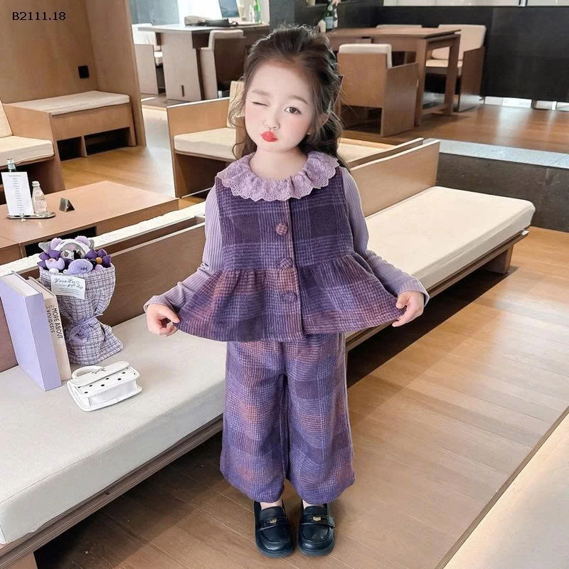 Bộ áo quần ống loe kẻ caro 3 chi tiết cho bé gái-sỉ 296k