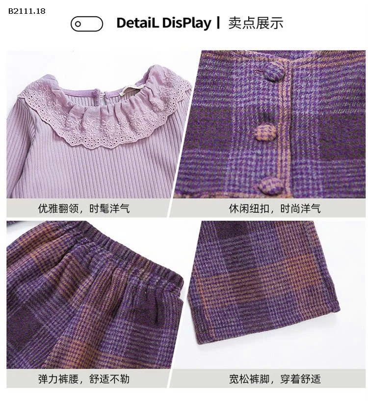 Bộ áo quần ống loe kẻ caro 3 chi tiết cho bé gái-sỉ 296k