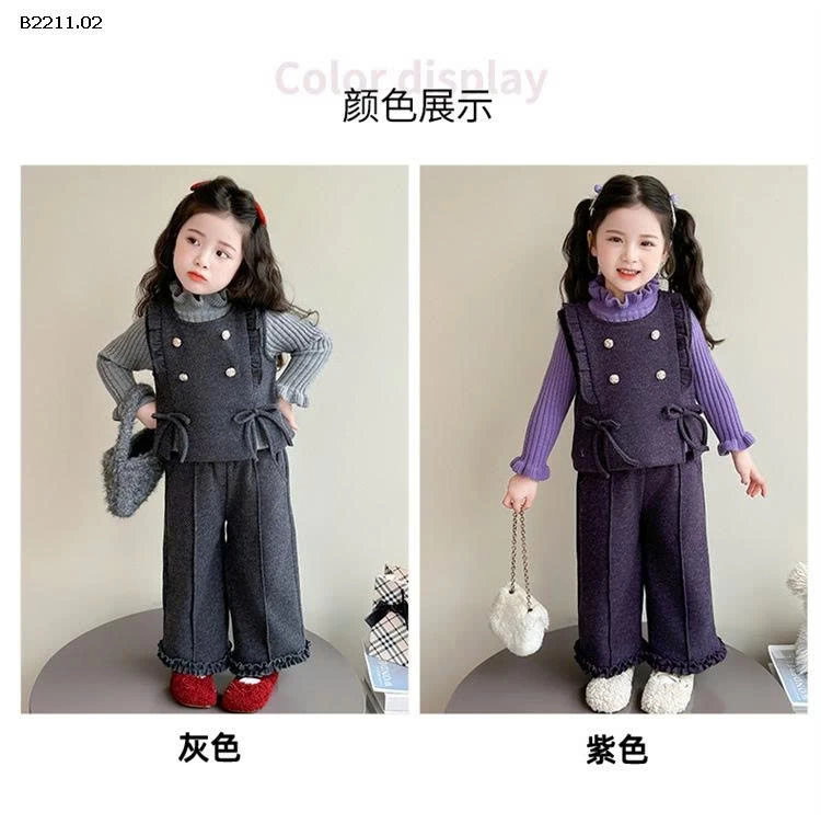 Bộ đồ ba mảnh áo len lông cừu nhún bèo cho bé gái - giá sỉ 350k