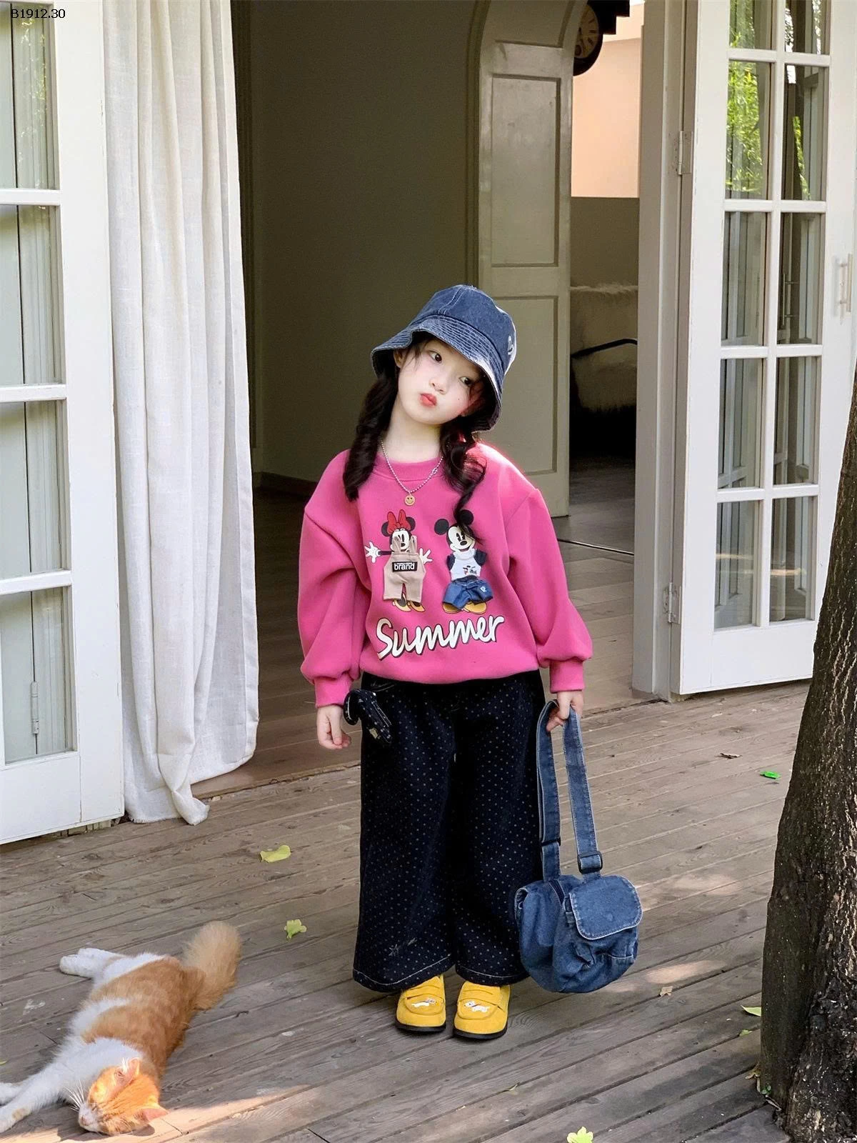 ÁO NỈ HỒNG MIX JEANS SUÔNG CHẤM BI- Giá sỉ áo 200k  quần 235k 