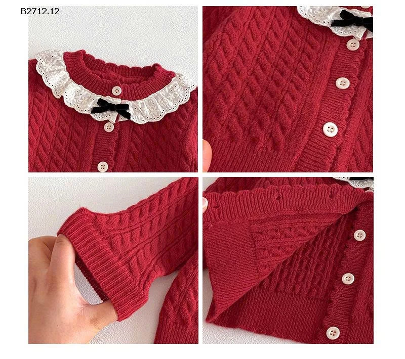 ÁO KHOÁC LEN ĐỎ BÉ GÁI CỔ REN - sỉ 158k