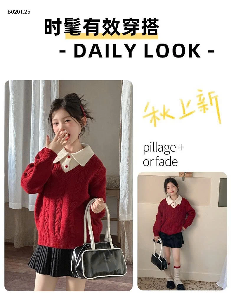 ÁO LEN ĐỎ PHỐI CỔ SƠ MI CHO BG-Giá sỉ 244k