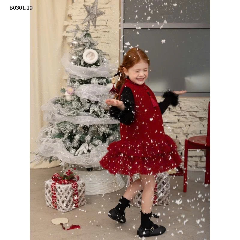 VÁY DẠ ĐỎ SÁT NÁCH PHỐI VOAN HOA TẦNG BG-Giá sỉ 345k