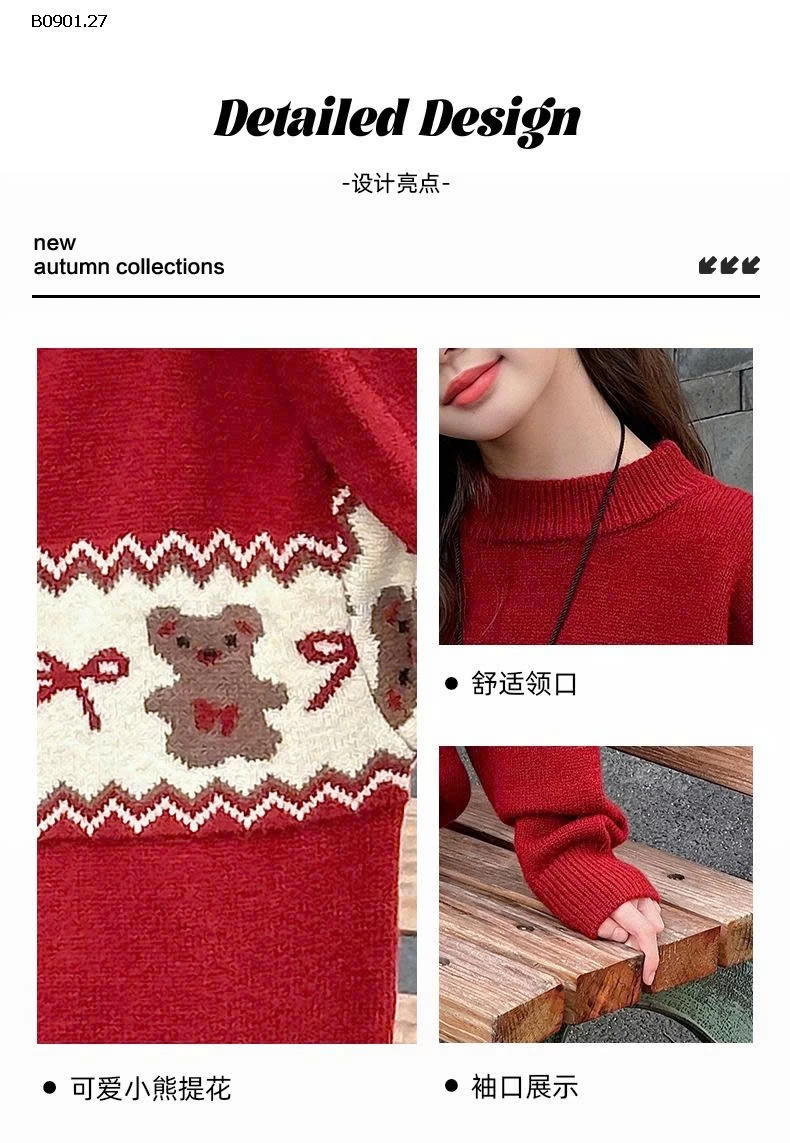 Áo len đỏ dệt kim cho BG kiểu dáng mới Thu/Đông 2025-Giá sỉ  loại thường : 250k lót lông : 290k