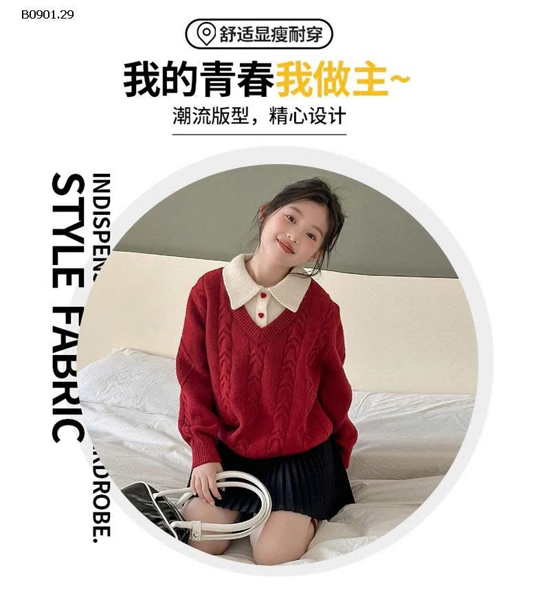 ÁO LEN ĐỎ PHỐI CỔ SƠ MI BG -Giá sỉ 258k