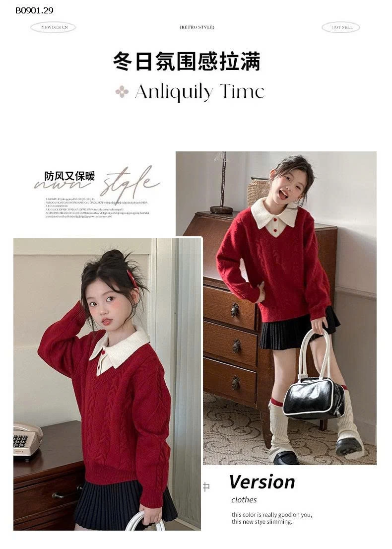 ÁO LEN ĐỎ PHỐI CỔ SƠ MI BG -Giá sỉ 258k