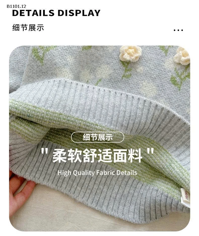Áo len cổ tròn mùa đông mới cho bé gái, chất liệu len dệt hoa hai tông màu - giá sỉ 242k