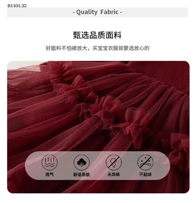 Đầm voan lót lông cừu họa tiết gấu đỏ cho bé gái -Giá sỉ 268k