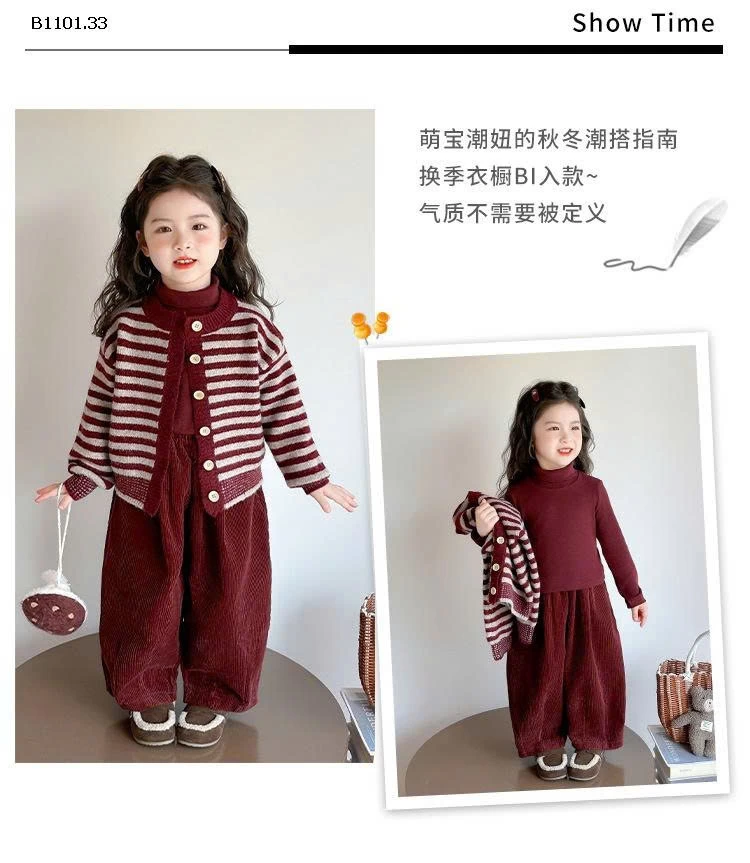 Bộ áo len kẻ sọc ba món cho bé gái, phong cách thu đông-Giá sỉ 399k