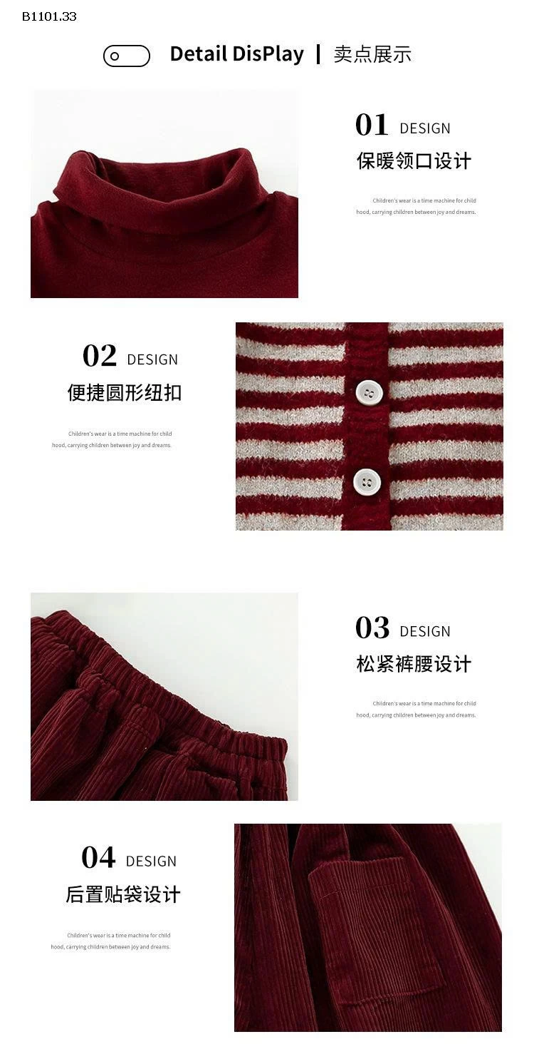 Bộ áo len kẻ sọc ba món cho bé gái, phong cách thu đông-Giá sỉ 399k