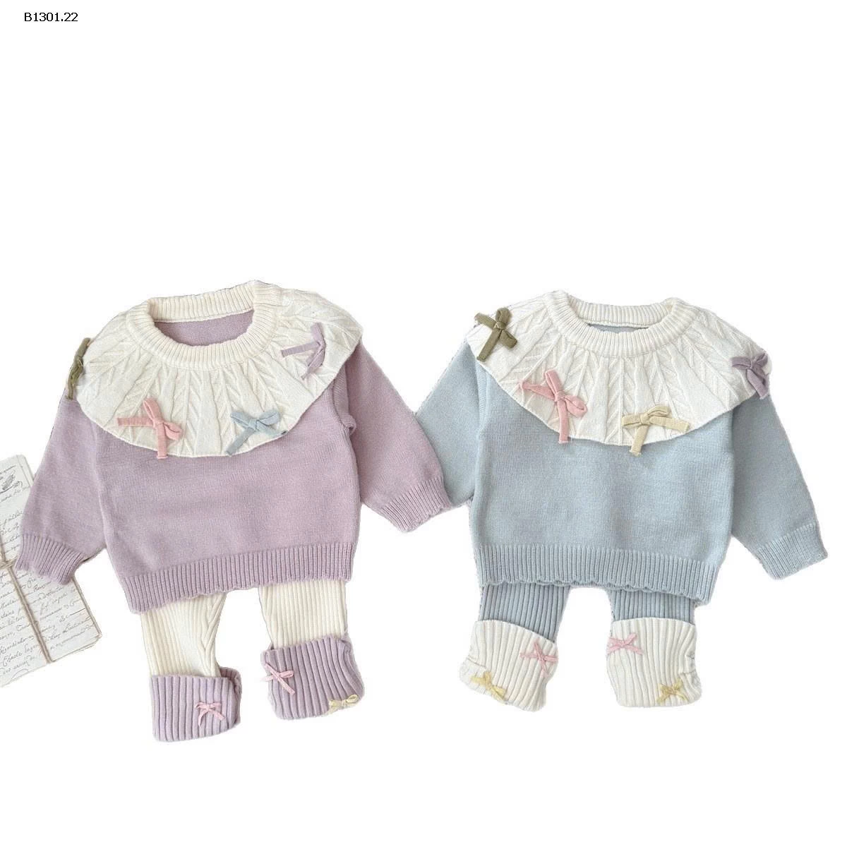 SET ĐỒ LEN CỔ BÚP BÊ KÈM NƠ-Giá sỉ 215k