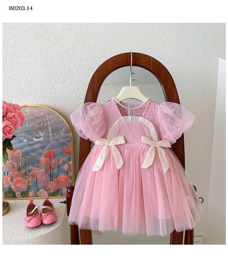 VÁY CÔNG CHÚA TAY BỒNG HỌA TIẾT NƠ- sỉ 214k