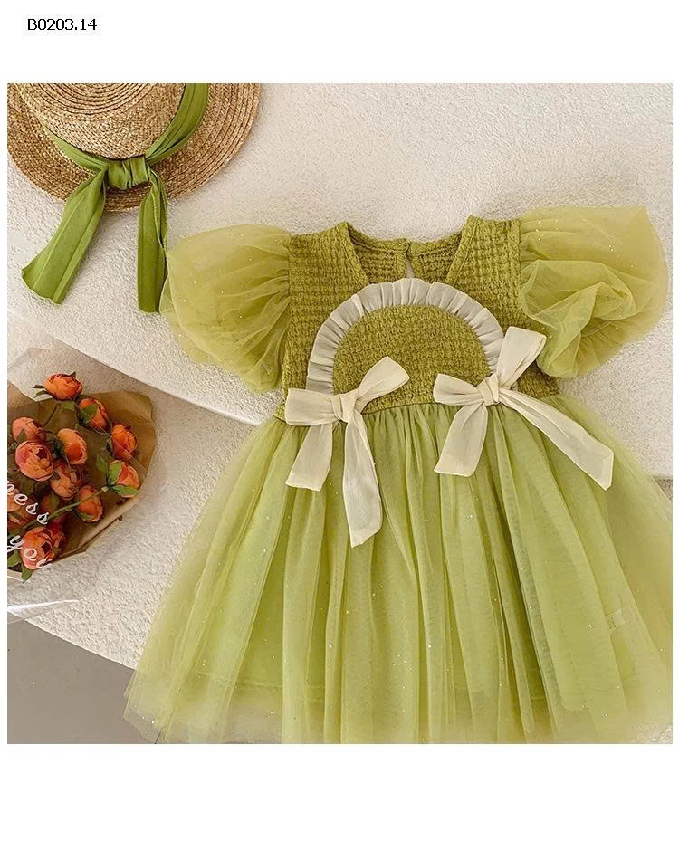 VÁY CÔNG CHÚA TAY BỒNG HỌA TIẾT NƠ- sỉ 214k