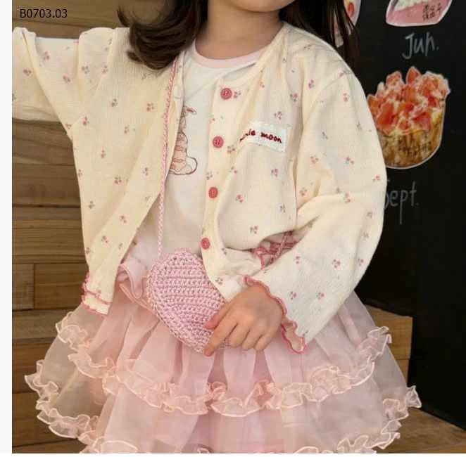 Set 3 chi tiết ĐẦM VOAN HỒNG MIX CARDIGAN HOA-Giá sỉ 295k/set