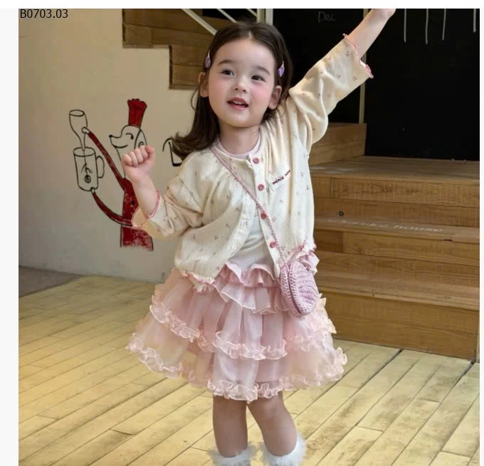 Set 3 chi tiết ĐẦM VOAN HỒNG MIX CARDIGAN HOA-Giá sỉ 295k/set