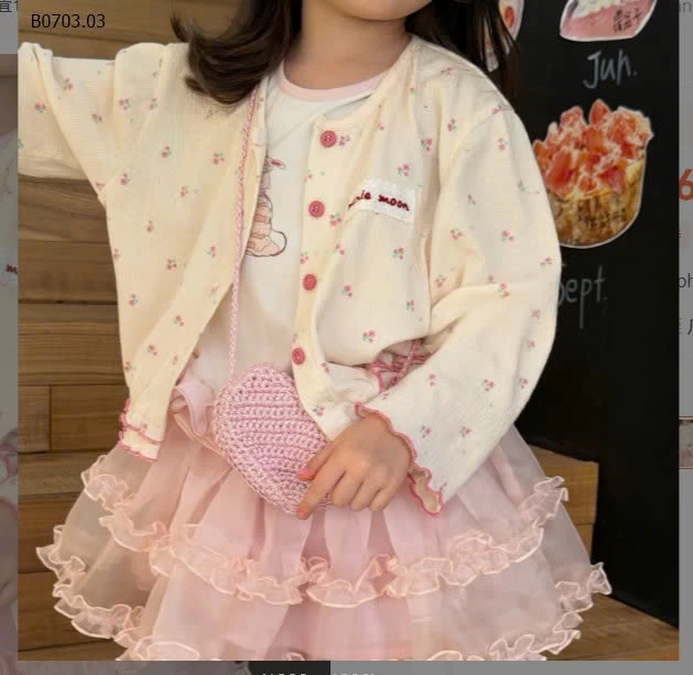 Set 3 chi tiết ĐẦM VOAN HỒNG MIX CARDIGAN HOA-Giá sỉ 295k/set