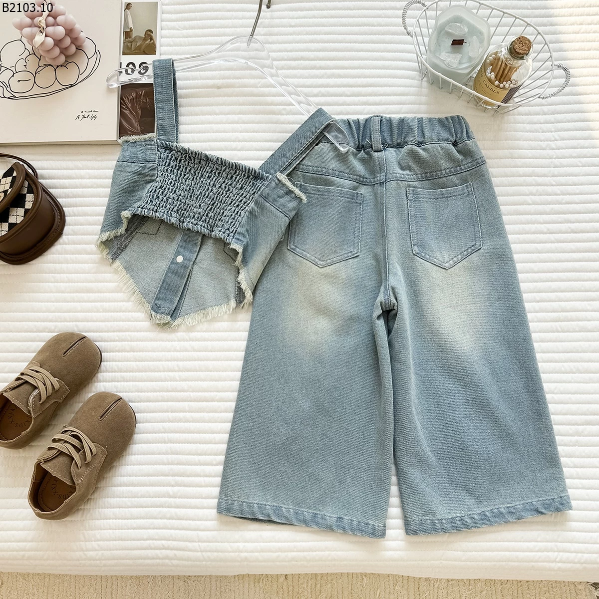 SET ÁO, QUẦN JEANS ỐNG RỘNG BÉ GÁI giá si 263k