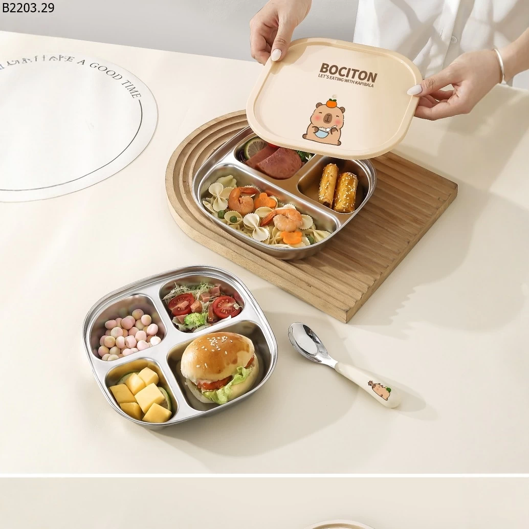 KHAY CƠM INOX CHO BÉ KÈM NẮP sỉ 63k