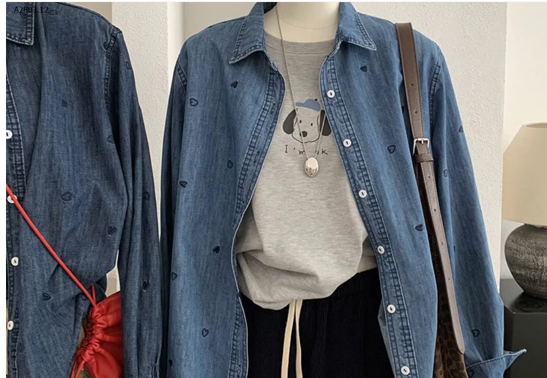 ÁO SƠ MI DENIM MỎNG HOẠ TIẾT TRÁI TIM - sỉ 269k
